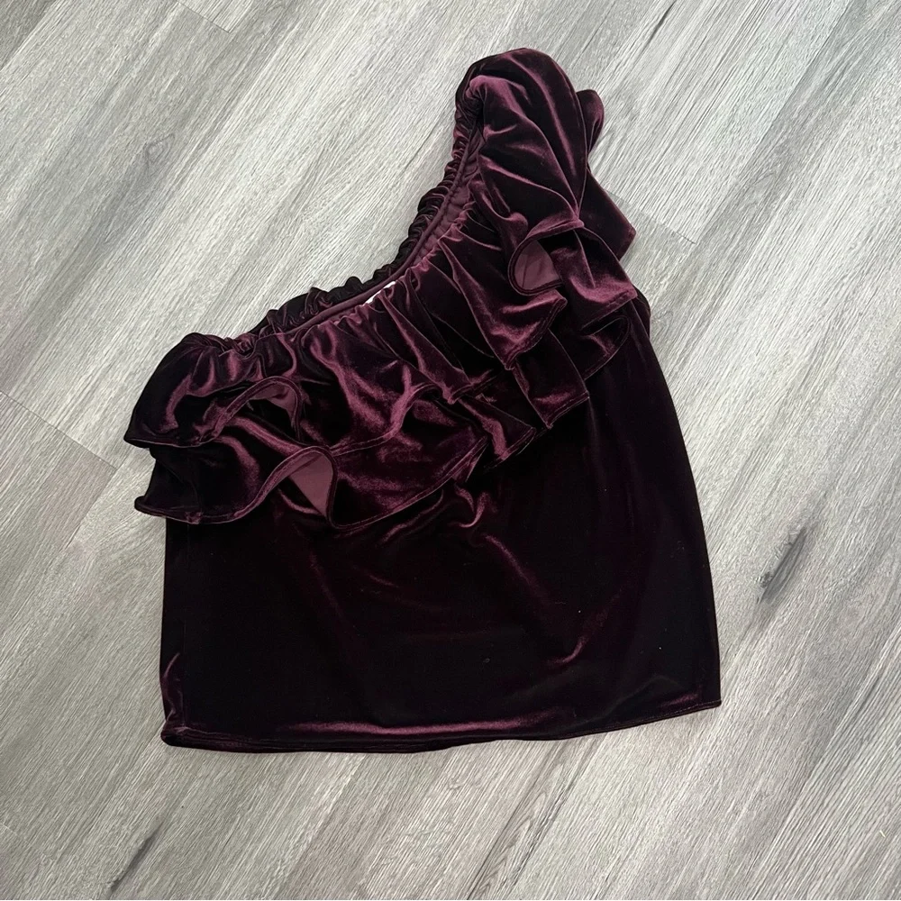 Misa Agus Purple Velvet One Shoulder Ruffle Top XS - Picture 2 of 5
